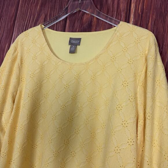 Chico's Womens Top Yellow Eyelet Embroidered 3/4 Sleeve Size 3 (XL) - Picture 4 of 6